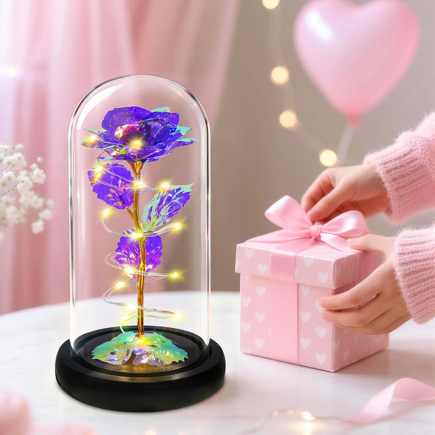 Rose Flower Gifts for Women,Birthday Gifts for Women,Womens Gifts for Christmas,Mom Gift for Xmas, Purple Colorful Artificial Flower Rose Light up Rose in a Glass Dome,Flower Gifts for Her,Anniversary