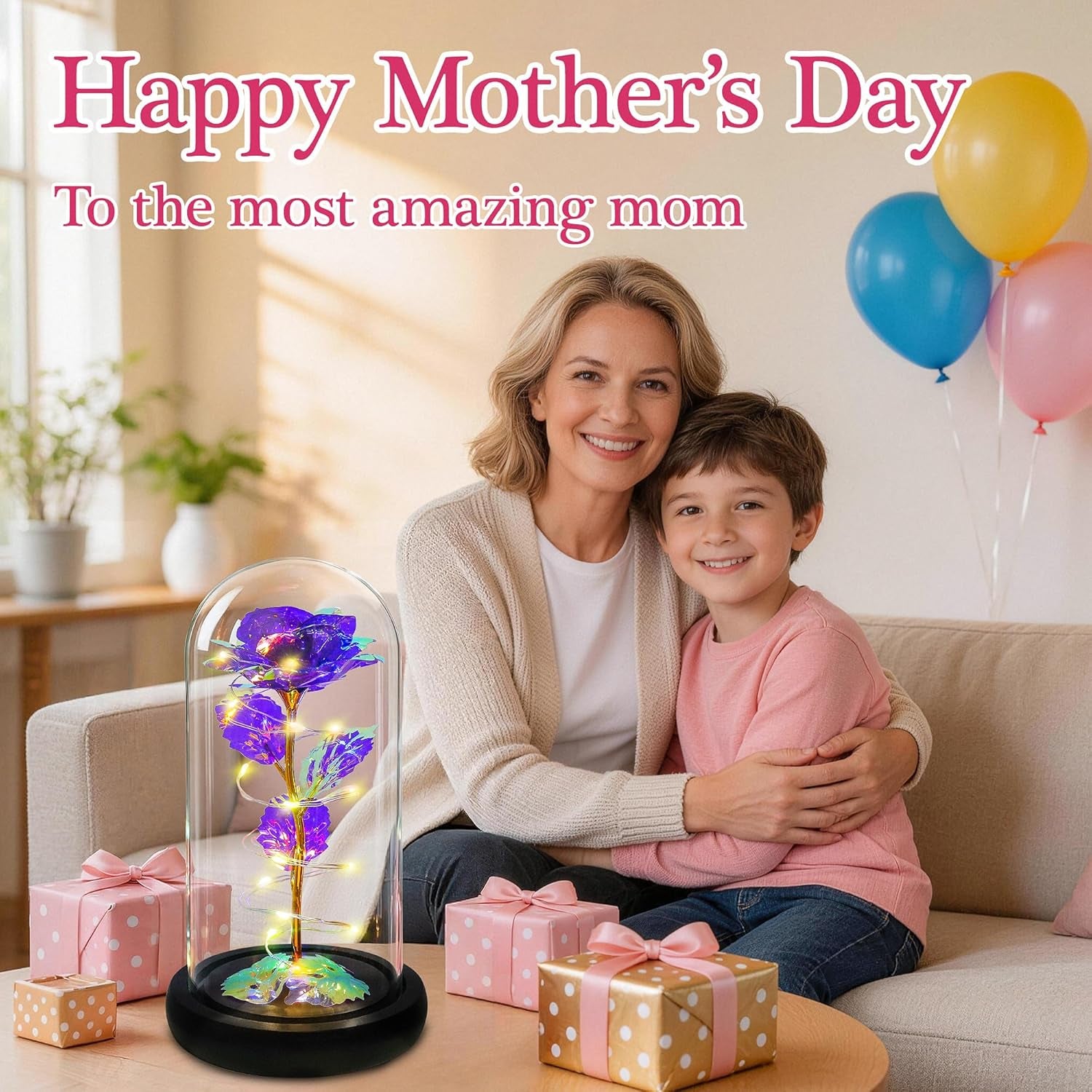 Rose Flower Gifts for Women,Birthday Gifts for Women,Womens Gifts for Christmas,Mom Gift for Xmas, Purple Colorful Artificial Flower Rose Light up Rose in a Glass Dome,Flower Gifts for Her,Anniversary