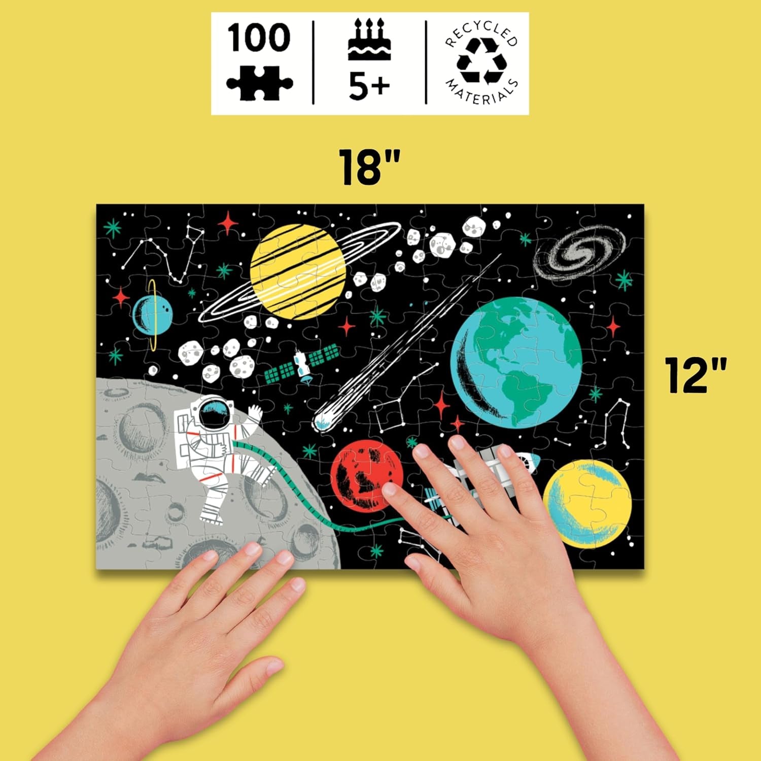 Outer Space Glow-In-The-Dark Puzzle, 100 Pieces, 18”X12”, Made for Kids Age 5+, Illustrations of Planets, Stars, Spaceships and More, Award-Winning Glow in the Dark Puzzle